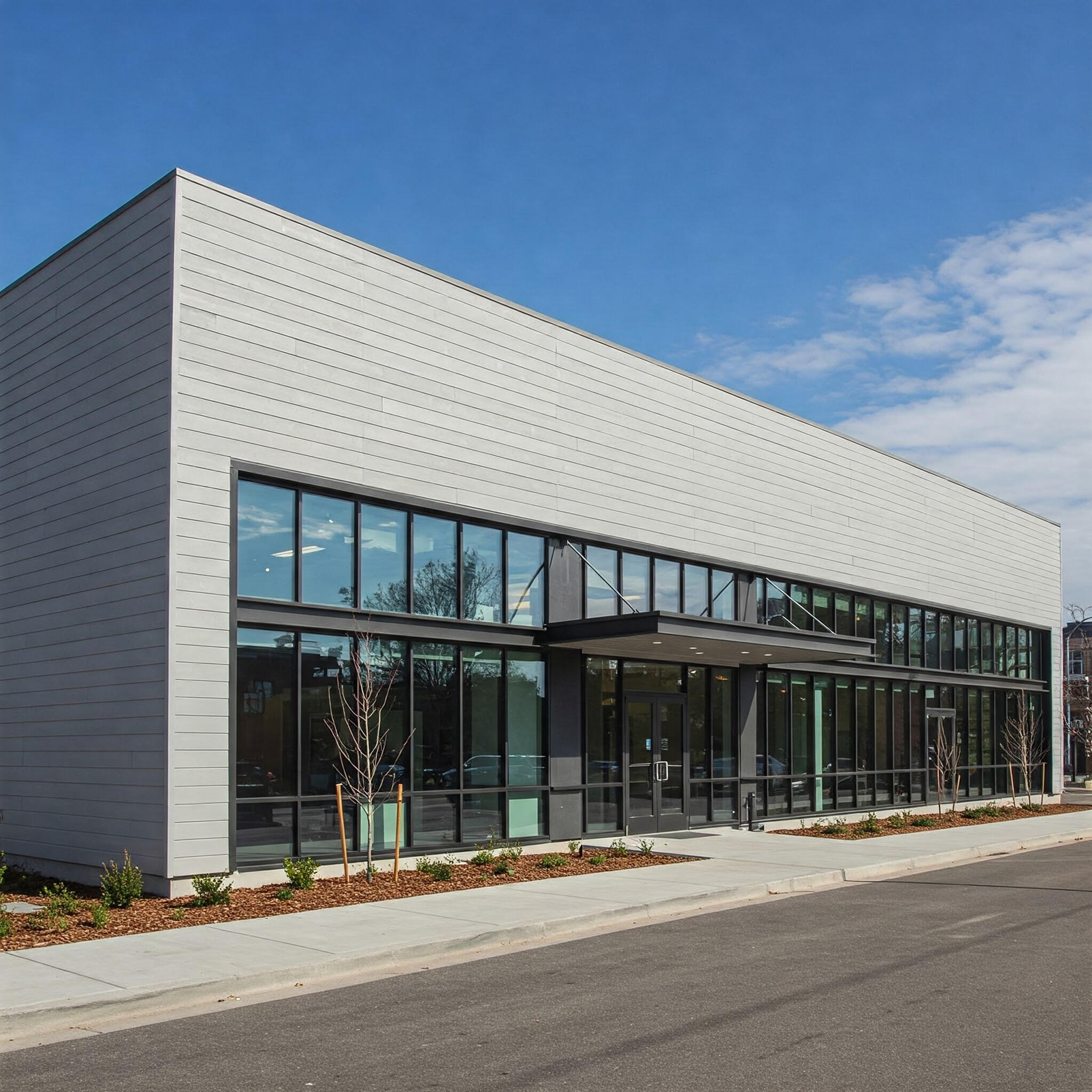 Revêtement extérieur commercial Façade d'un commerce avec revêtement gris vue de l'extérieur